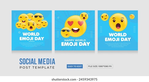 Día Mundial de los Emojis, Plantilla en redes sociales. Diseño de emoji completo moderno y de color. Día Mundial de la Risa. Afiche, Anuncio, diseño de Vector, publicación en redes sociales. ILUSTRACIÓN VECTORIAL EPS.
