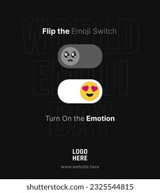 El Día Mundial del Emoji Enciende y desactiva el concepto. Emoji conmuta la ilustración vectorial de diseño ui. Botón de alternar emoji con los ojos del corazón.