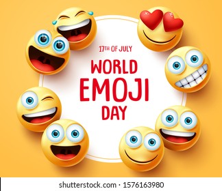 World emoji day vector background template. World emoji day text in circle white frame with cute emojis face and different facial expression in yellow empty background. Vector illustration. 