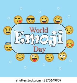 Plantilla de fondo vectorial de día emoticono mundial. Diseñar las tarjetas de felicitación en el marco con la cara de emojis lindos y diferentes expresiones faciales en fondo azul vacío. Ilustración vectorial.