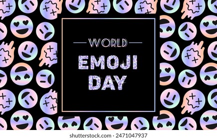 World emoji day vector background template. Metallic holographic Y2k sticker. Shining gradient, emoticons. foil in 2000s style. Aesthetics 90s, 00s. Glitter inscription