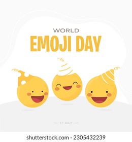 World Emoji Day vector social network template with a group of funny yellow face emoticons. Cute happy smiling emojis celebrating with party hats, whit World emoji day text in the background

