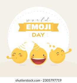 Weltreicher Emoji-Tag-Vektorvorlage für soziale Medien und Designs.
World Emoji Day Text in einem Kreis weißen Rahmen mit süßen und fröhlichen Partys Emojis.  Emoticons mit Partyhorn und Hut.