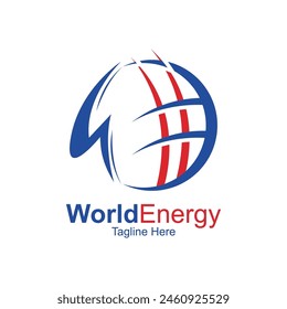 Plantilla de diseño de logotipo de World Energy. Elementos de diseño ecológicos y ambientales para el desarrollo de energía sostenible. ecoinnovación mundial, energía verde en la tierra solución global con energía eléctrica.