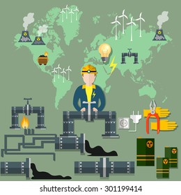 World energy nuclear energy wind energy pipeline windmill mining fuel waste ecology oil industry gas coal electricity oil man exploitation nuclear power plants vector illustration 