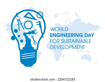 World Engineering Day for Sustainable Development vector. Engineering work tools in the bulb icon vector. Industrial equipment blue silhouette icons. Technology and innovation tools design element