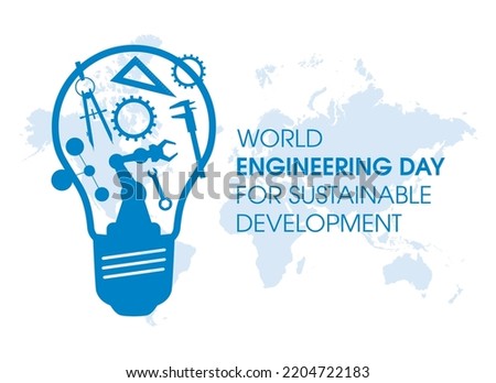 World Engineering Day for Sustainable Development vector. Engineering work tools in the bulb icon vector. Industrial equipment blue silhouette icons. Technology and innovation tools design element
