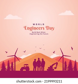 World Engineers Day Background with Workers, Excavator, Tractor, and wind power generator vector illustration