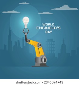 World Engineer's Day day with manufacturing robot and light bulb. poster or banner template.