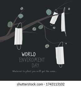 World Enviroment Day. Masks are worn on the tree, dry leaves, drought, pandemic, life, treasure, epidemic, human and nature.