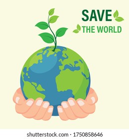 World environment banner with hand hold seed plant on earth world. vector illustration in flat design. sustainable and environmentally friendly concept. 