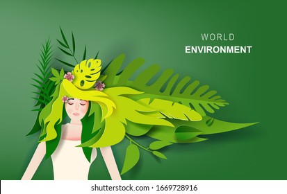 World environment concept of Beautiful lady girl with long hair wear tropical green leaf life nature decoration.portrait of young cute woman with long hair relaxing.Creative paper cut and craft style