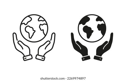 World Environment Conservation Line and Silhouette Icon Set. Hand Hold Planet Earth Pictogram. Human Protect Environmental Nature Symbol Collection on White Background. Isolated Vector Illustration.