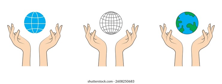 
World Environment Conservation Line and Silhouette Icon Set. Hand Hold Planet Earth Pictogram. Human Protect Environmental Nature Symbol Collection on White Background. Isolated Vector Illustration.