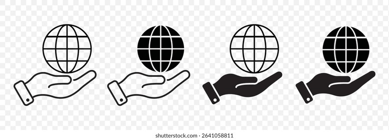 World Environment Conservation Line and Silhouette Icon Set. Hand Hold Planet Earth Pictogram. Human Protect Environmental Nature Symbol Collection on White Background. Isolated Vector Illustration. 