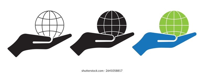 World Environment Conservation Line and Silhouette Icon Set. Hand Hold Planet Earth Pictogram. Human Protect Environmental Nature Symbol Collection on White Background. Isolated Vector Illustration. 