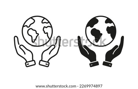 World Environment Conservation Line and Silhouette Icon Set. Hand Hold Planet Earth Pictogram. Human Protect Environmental Nature Symbol Collection on White Background. Isolated Vector Illustration.