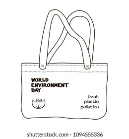 World environment day 2018 concept. Design of hand-drawn-style canvas reusable bag with leaves print and “Beat plastic pollution” slogan on white background. Vector illustration.