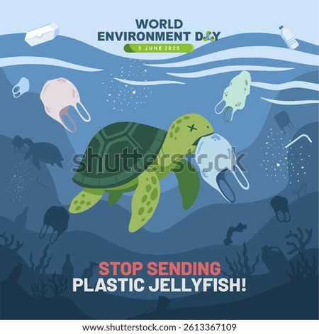 World Environment Day 2025 design of of sea turtle eating plastic bag.  Ocean pollution awareness concept. World environment day 2025 theme : Ending Plastic Pollution