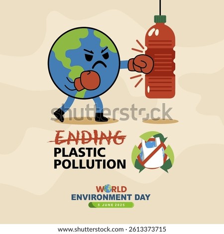 World environment day 2025 design idea with cartoon earth boxing plastic bottle.Best for World Environment Day 2025 celebration for ending plastic pollution.