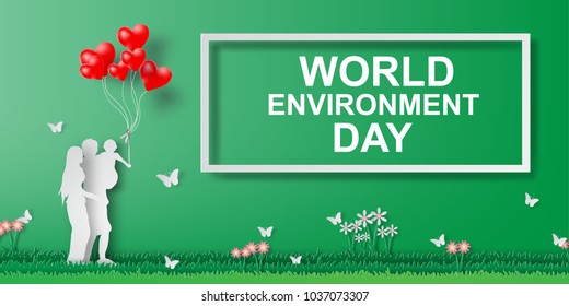 World Environment Day (5 June) with Family having Fun Design for balloons heart  greeting cards.Ecology green garden park.Paper cut and craft style.Graphic nature save posters.vector illustration