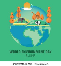 World Environment Day (5 June) with Animals, Nature, Earth, Worldmap, and Trees