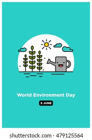 World Environment Day - 5 June (Plants, Sun and Watering Can Flat Style Vector Illustration Quote Poster Design) With Smiley Face