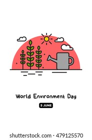 World Environment Day - 5 June (Plants, Sun and Watering Can Flat Style Vector Illustration Quote Poster Design)