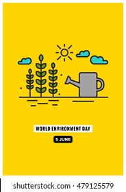 World Environment Day - 5 June (Plants, Sun and Watering Can Flat Style Vector Illustration Quote Poster Design)