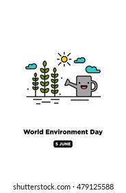 World Environment Day - 5 June (Plants, Sun and Watering Can Flat Style Vector Illustration Quote Poster Design) With Smiley Face