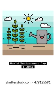 World Environment Day - 5 June (Plants, Sun and Watering Can Flat Style Vector Illustration Quote Poster Design) With Smiley Face