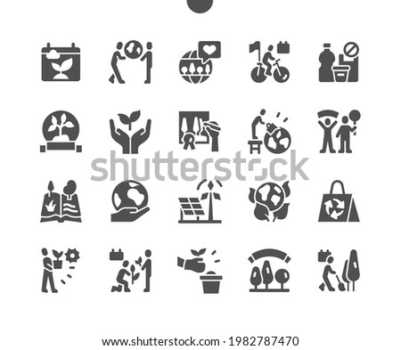 World Environment Day 5 June. Love the planet. Calendar. Fifth of june. Holiday. Planting plants. Plastic contamination. Eco earth. Recycled. Vector Solid Icons. Simple Pictogram