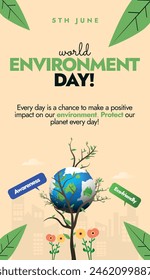 World Environment day. 5th June Environment day social media post, vertical banner . The theme for 2024 is Land restoration post with earth globe, cycle, tree and flowers. Vector illustration
