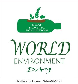 World Environment Day. 5th June. Beat Plastic Pollution. Green plastic bottle and plant concept. EPS editable file. 