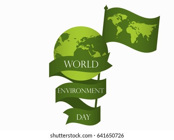 World Environment Day 5th june. Planet earth with ribbon and flag with world map. Festive label, banner. Vector illustration