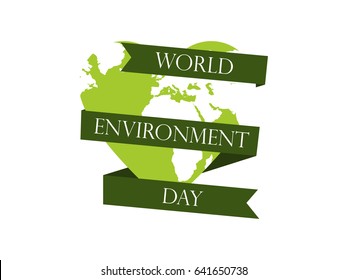 World Environment Day 5th june. Planet earth with ribbon. Heart with the continents of the planet. Festive label, banner. Vector illustration