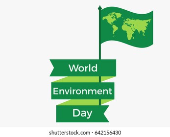 World Environment Day 5th june. Flag with a world map and ribbon. Festive label, banner. Vector illustration