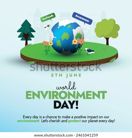 World Environment day. 5th June World environment day celebration banner, post with icons of healthy environment: trees, birds, earth globe, birds, flowers. This day raise awareness on global warming.