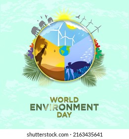 World Environment Day Abstract Art, Greeting Card, Square. June 5. Cream Paper Texture Background. Wind Mill, Clean Energy, Safari, And Ocean In Gold Ring Frame. Vector Illustration. EPS 10. Earth. 