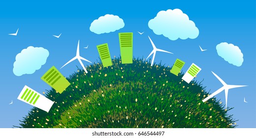 World Environment Day. Abstract ecological city with wind farms on green grass.