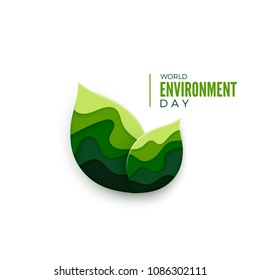 World Environment Day. Abstract green leaves concept. Ecology concept banner with paper cut green leaves. Vector illustration isolated on white
