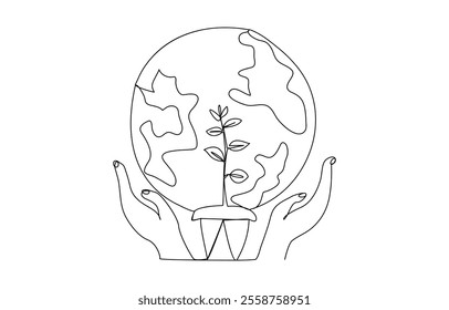 World Environment Day Abstract Planet earth in hands continuous single line art drawing sketch