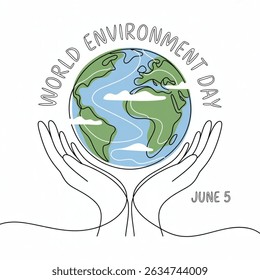 World Environment Day. Abstract Planet earth in hands, continuous single line art drawing sketch illustration vector isolated on white background. June 5 is beautifully included in this.