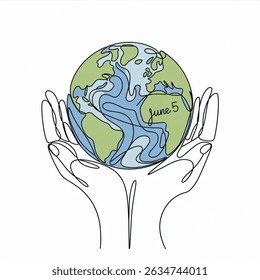 World Environment Day. Abstract Planet earth in hands, continuous single line art drawing sketch illustration vector isolated on white background. June 5 is beautifully included in this.