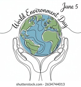 World Environment Day. Abstract Planet earth in hands, continuous single line art drawing sketch illustration vector isolated on white background. June 5 is beautifully included in this.