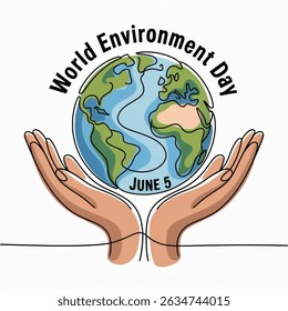 World Environment Day. Abstract Planet earth in hands, continuous single line art drawing sketch illustration vector isolated on white background. June 5 is beautifully included in this.
