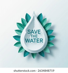 World Environment Day  abstract waterdrop concept. Save the water - ecology concept background with paper cut water drop and green leaves. vector isolated on white background. Vector illustration.