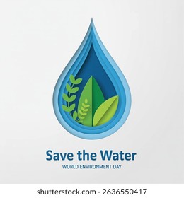 World Environment Day  abstract waterdrop concept. Save the water - ecology concept background with paper cut water drop and green leaves. vector isolated on white background. Vector illustration.