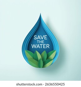 World Environment Day  abstract waterdrop concept. Save the water - ecology concept background with paper cut water drop and green leaves. vector isolated on white background. Vector illustration.