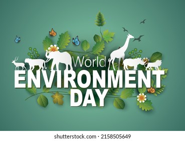 world environment day with animals, levees, flowers, butterfly's. vector illustration design  